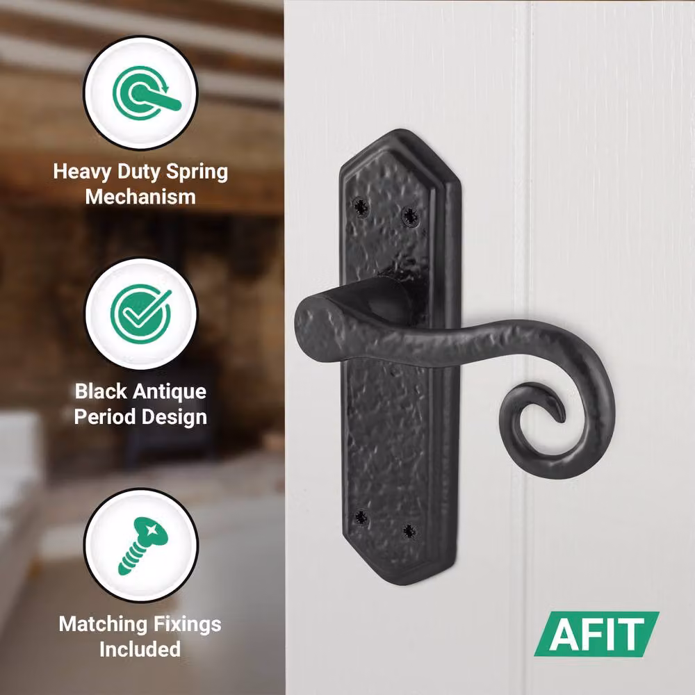AFIT Black Antique Cast Iron Curly Tail Door Handles with 76mm Latch and Hinges, W x H: 150 x 150 mm – 3