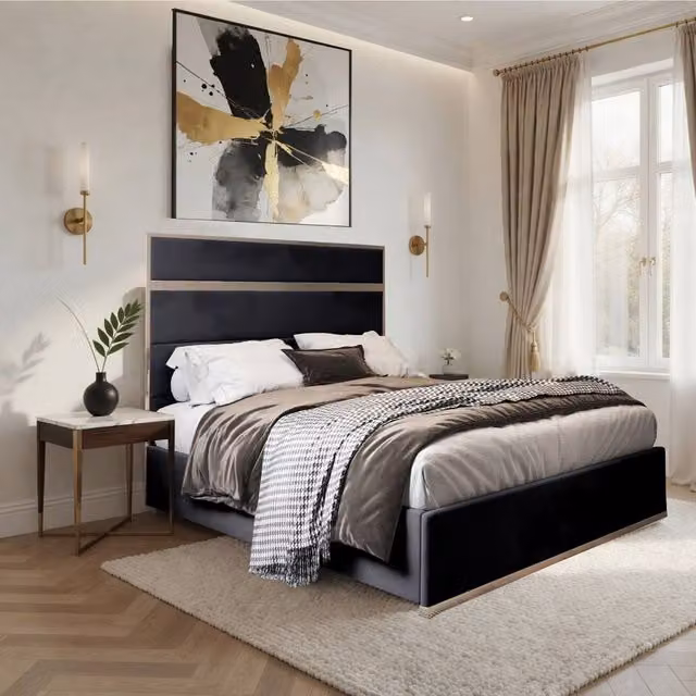 Casani Fladbury Upholstered Velvet Designer Bed Frame with Black Metal Details, Black, W/D/H: 180 x 200 x 137 cm