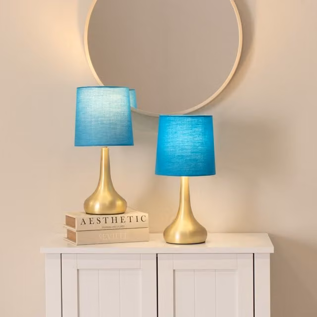 ValueLights Teardrop Pair of Gold Touch Table Lamps with Blue Fabric Shades and Bulbs Included