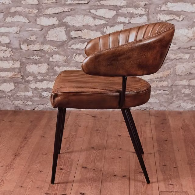 Elm Home And Garden Industrial Vintage Tub Dining Chair in Brown and Black Genuine Leather with Armrests