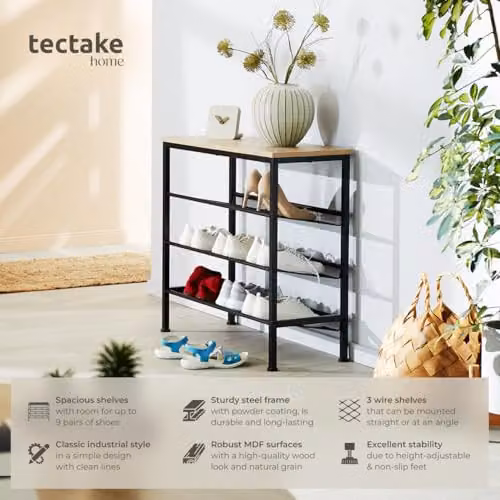 tectake 4-Tier Shoe Rack with Adjustable Shelves and Black Metal Frame in Oak, W/D/H: 75.5 x 30.5 x 69.5 cm – 3