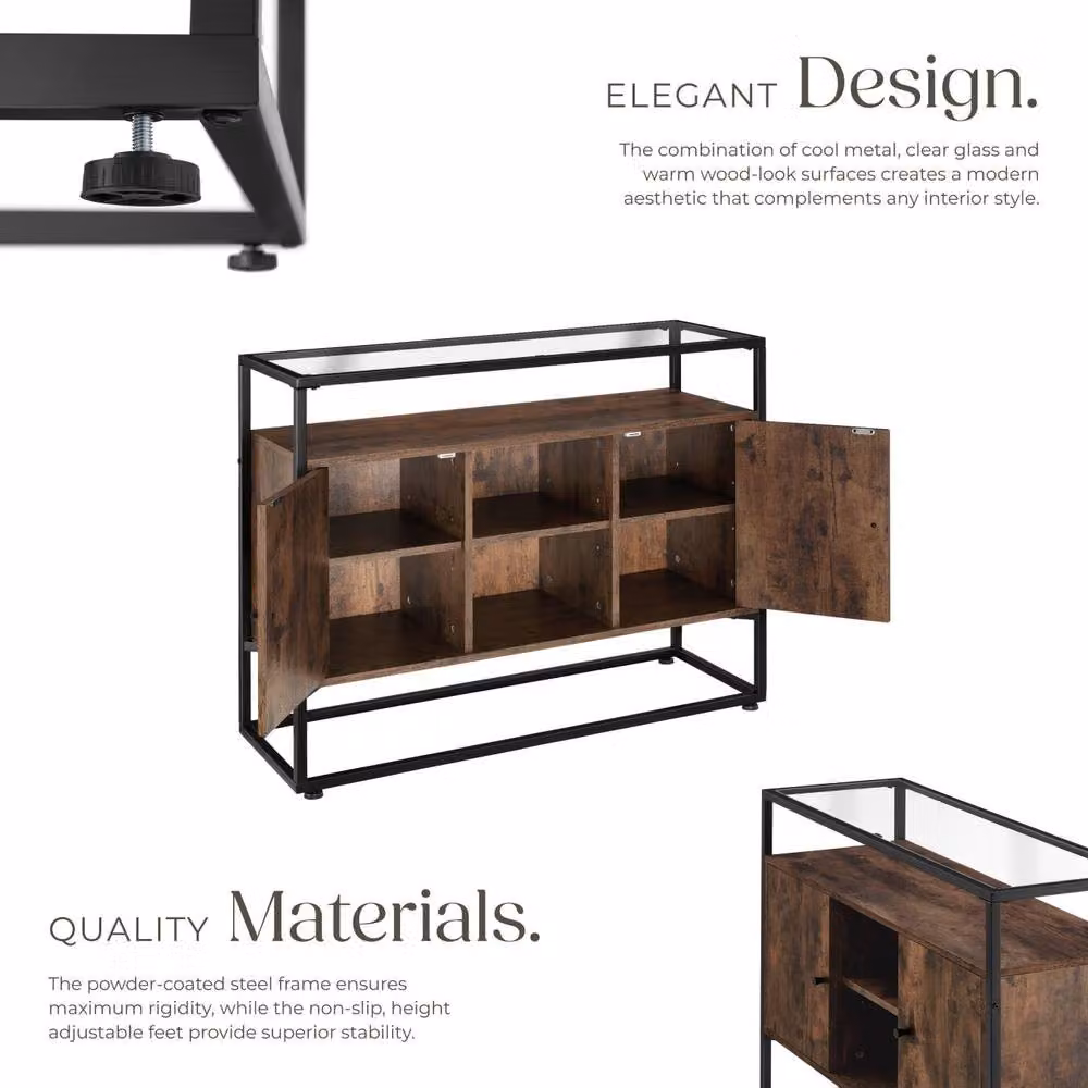 tectake Oldham Industrial Sideboard with Glass Top and Open Shelves in Brown and Black – 3