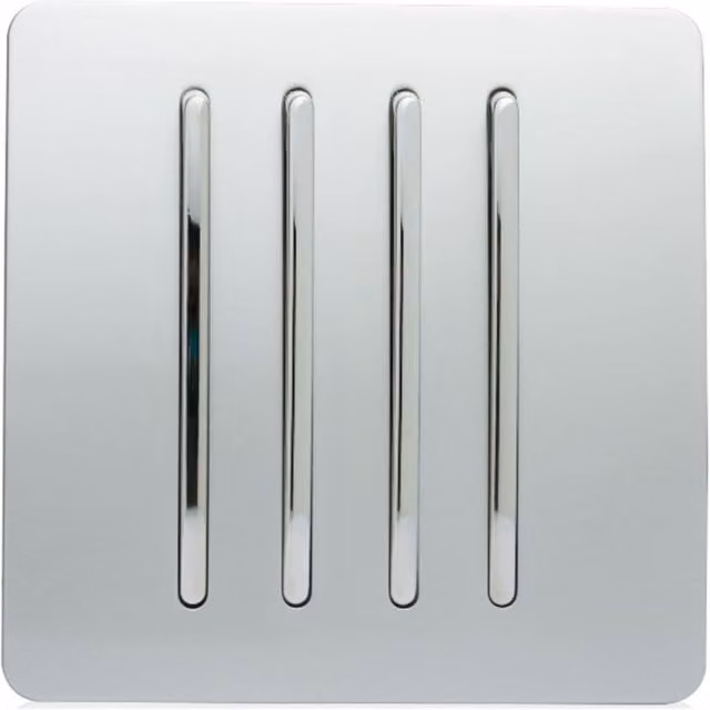 Trendi 4 Gang 2 Way Screwless Raised Front Plate Quad Electrical Wall Light Switch in Platinum Silver Chrome Plastic
