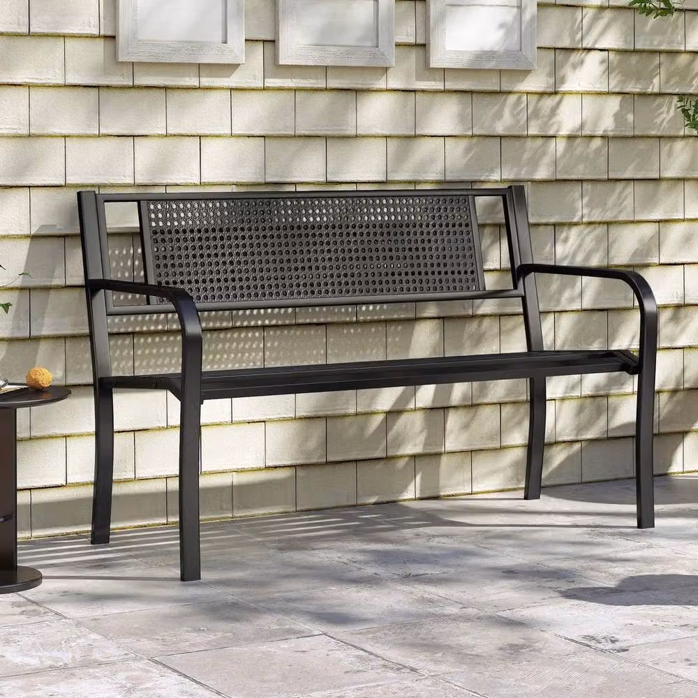 VOGREX Black Lacquered Metal Garden Loveseat Outdoor Patio Bench with Armrests – 3