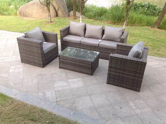 Fimous Lounge Rattan Sofa Set with 2 Chairs and Rectangular Coffee Table in Dark Grey