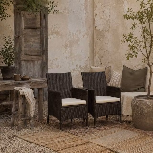 Wyld Haus Dodone Deep Coffee PE Rattan Outdoor Dining Armchairs, Set of 2, White and Brown