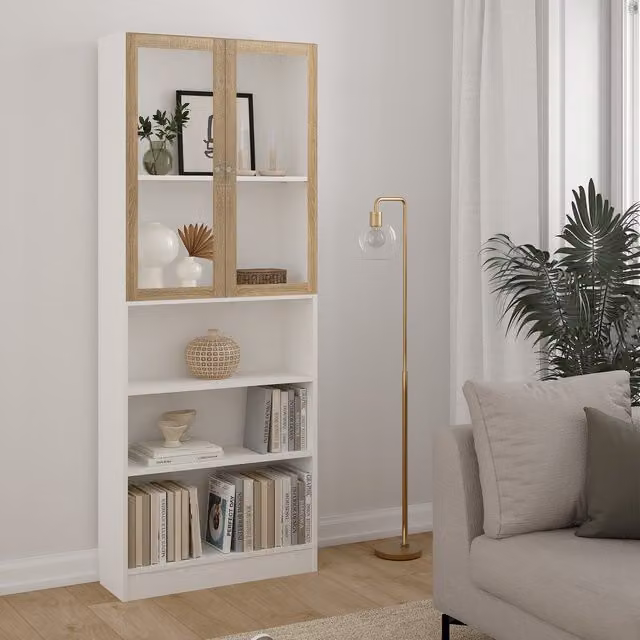 Furniture To Go Basic Tall Wide Display Cabinet with 4 Internal Shelves and 2 Glass Doors in White and Oak
