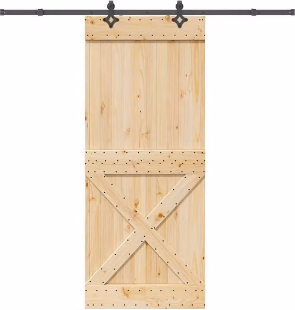 Berkfield Home Rustic Solid Wood Pine Sliding Door with Hardware Set in Brown, W: 95 cm, H: 210 cm – 1