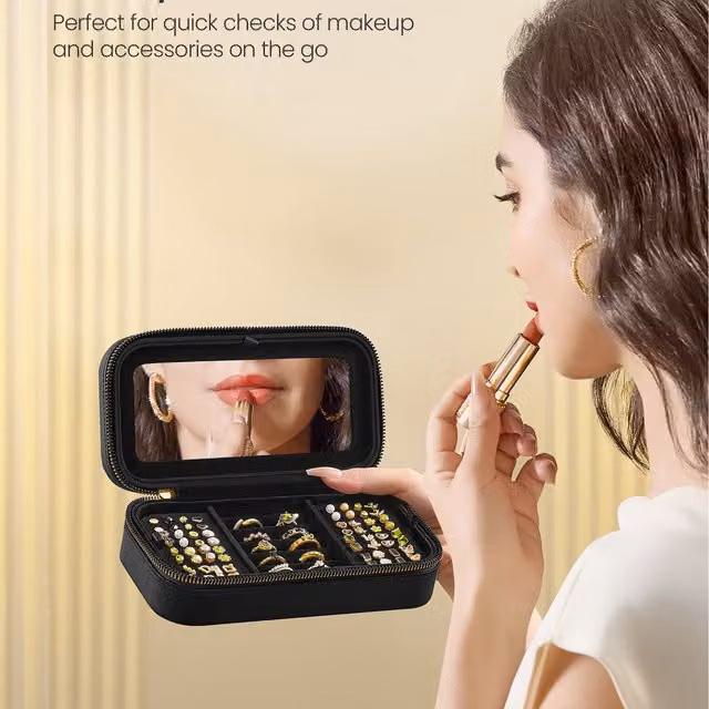 SONGMICS Travel Jewellery Box Case with Mirror, Black, W/D/H: 20.5 x 6.0 x 6.0 cm