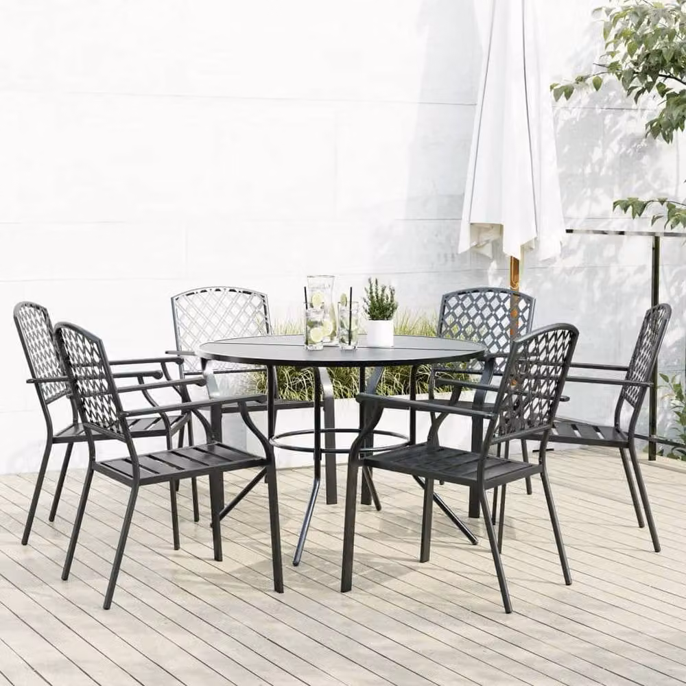Berkfield Home 7-Piece Stackable Garden Table and Chair Set in Anthracite and Black Powder-coated Steel – 1
