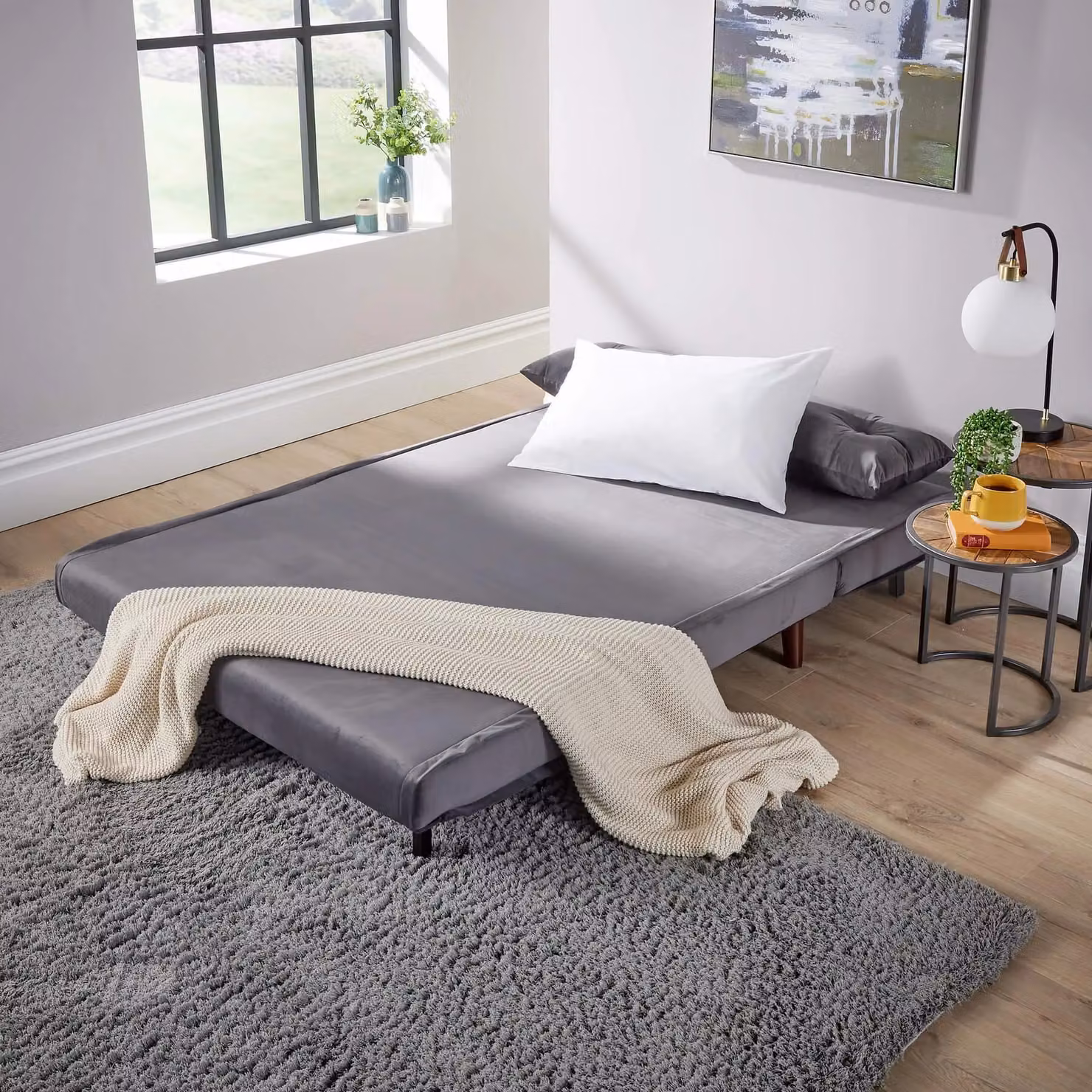 Home Source Grey Velvet Double Sofa Bed with Wooden Legs and Two Pillows – 4