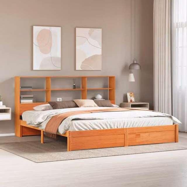 Berkfield Home Solid Wood Bed Frame with Storage Headboard and Side Compartments, Wax Brown, 200 x 200 cm