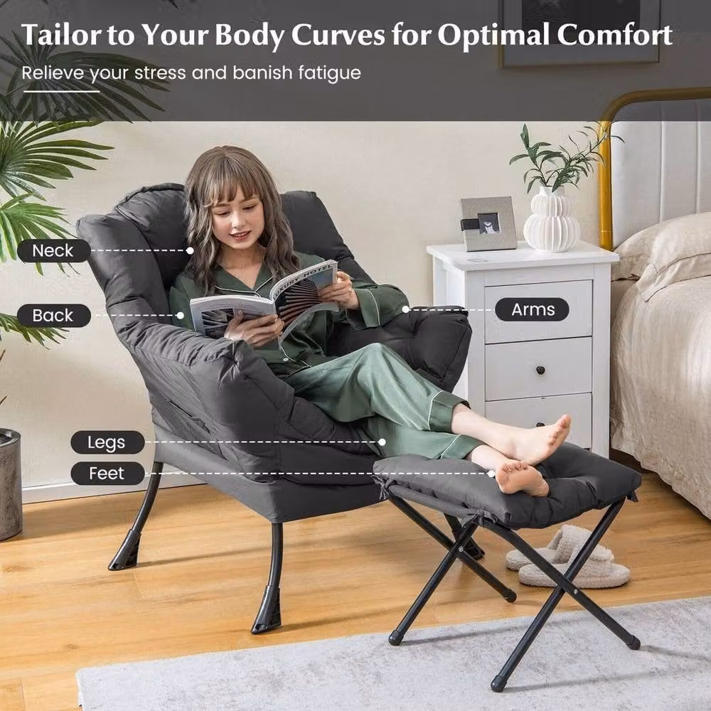 VOGREX Modern Lazy Lounge Chair with Ottoman and Cushions in Grey – 3