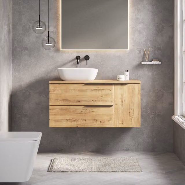 Banyetti Celtic Duo 1000mm Wall Hung Vanity Unit with Door and Worktop in Ostippo Light Oak