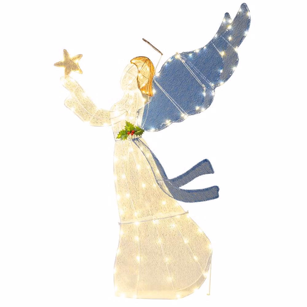 Costway 5FT 3D Glittered Christmas Angel Decoration with Wings and LED Lights in White and Multicolour, Height: 152.4 cm – 2