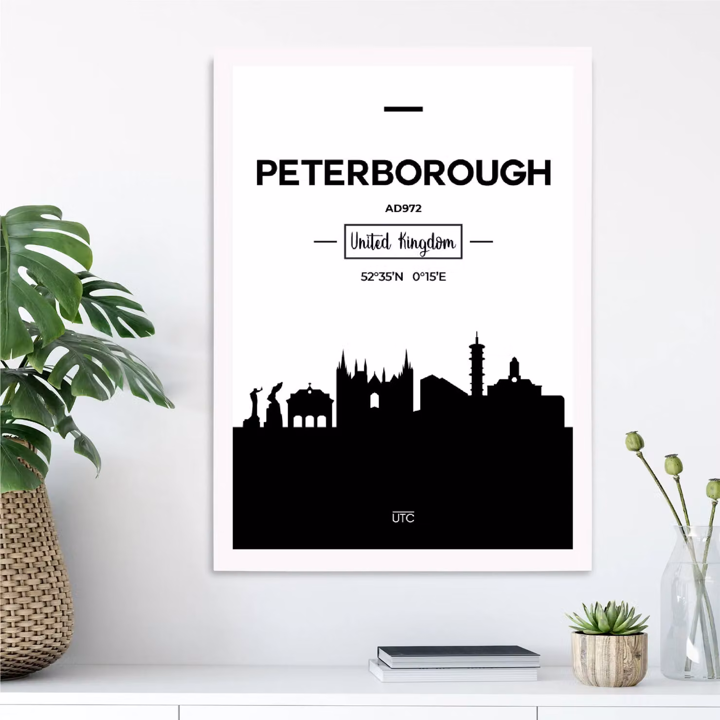 ARTZE Peterborough Black and White City Skyline Framed Print with White Frame, A2 – 2