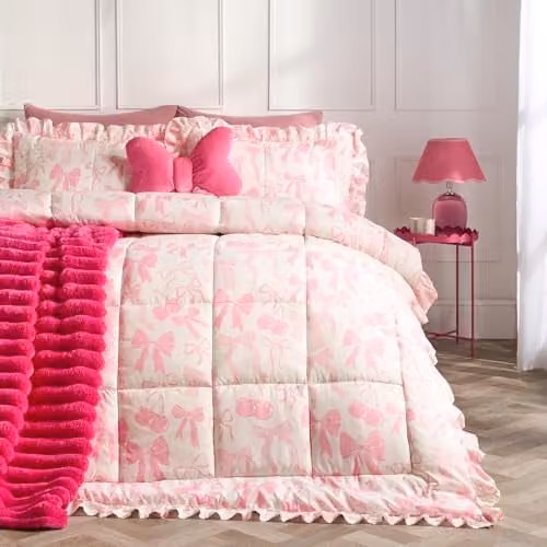 OHS Pink Bow Print Coverless Duvet and Pillowcase Set, 7.5 Tog, King Size, Reversible Microfibre Bedding