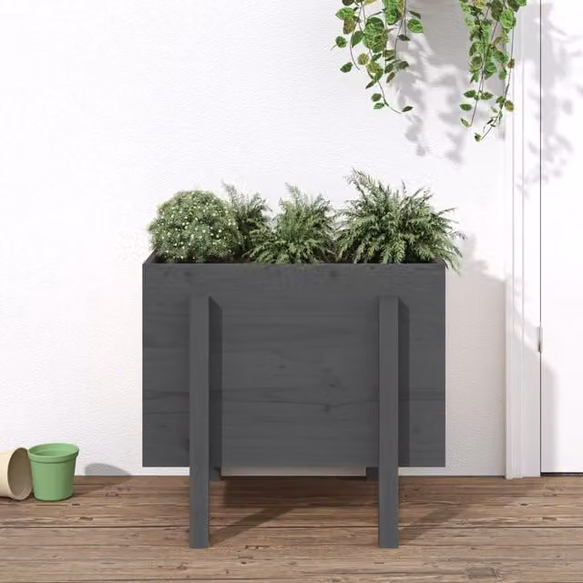 Berkfield Home Grey Solid Wood Pine Garden Planter Tub W: 62 cm, D: 50 cm, H: 57 cm – 1