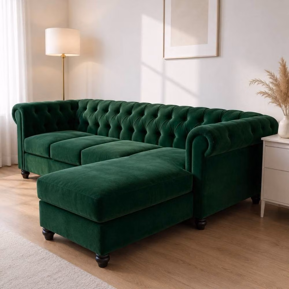 Sofaya Hampton 4 Seater L Shape Chesterfield Sofa in Green Velvet with Right Hand Chaise – 3