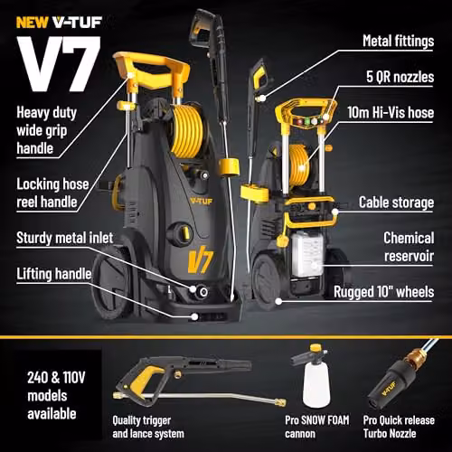 V-TUF V7 Electric Pressure Washer, 150 Bar, 7L/min, Black, with 10m Hose Reel and Snow Foam Cannon – 4