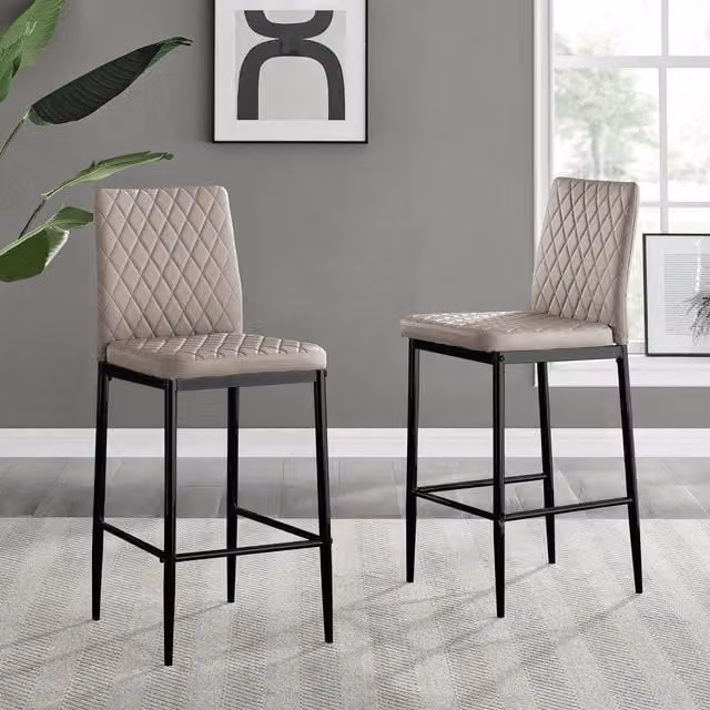 FurnitureboxUK Set of 2 Milan Hatched Faux Leather Padded Counter Stools with Black Metal Legs in Beige