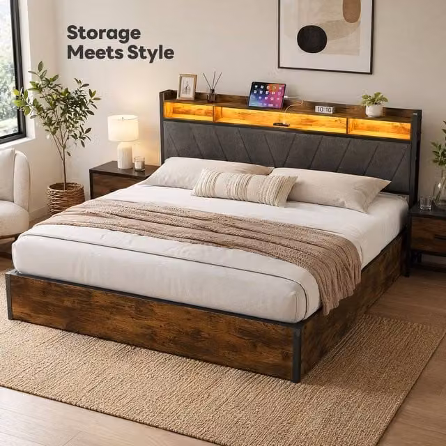 STILVORA King Size Ottoman Bed with LED Lighting, USB Charging Ports and Underbed Storage, Multicolour Fabric and Wood Construction, W/D/H: 180 x 200 x 109 cm