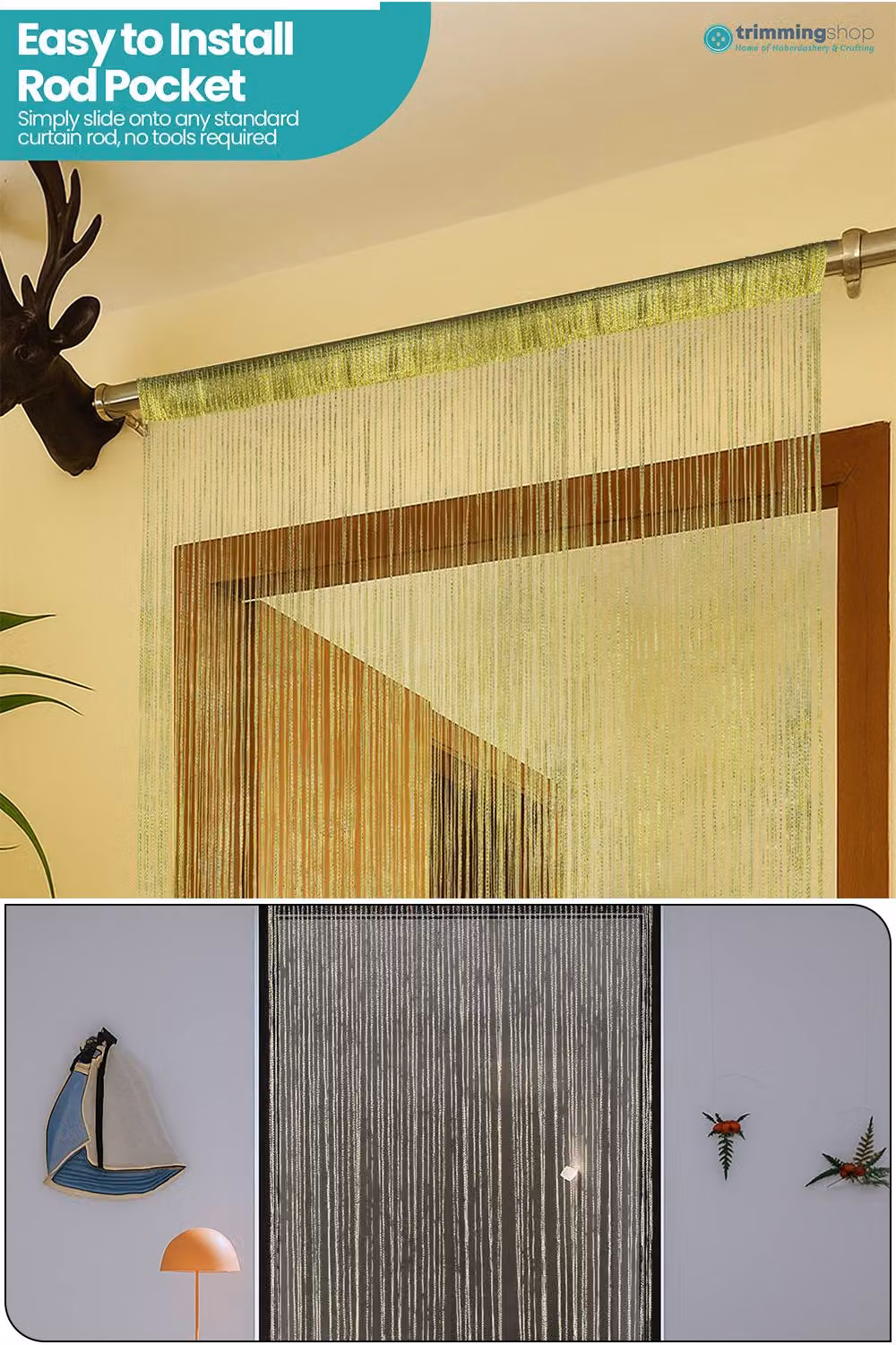 Neel Blue Glitter String Curtain Panel in Ivory and Green, W: 100 cm, H: 200 cm – 2