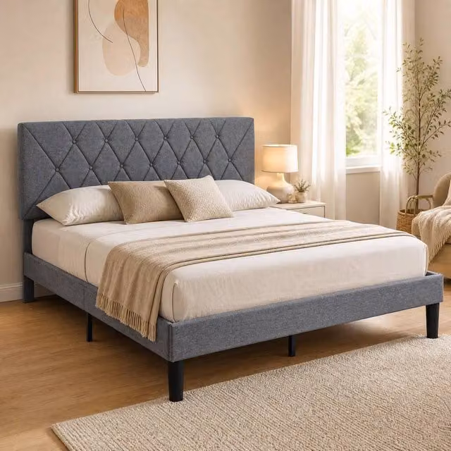 STILVORA Double Bed Frame, Grey Upholstered Fabric, 140 x 200 cm – 1