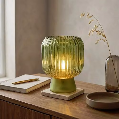 Candlelight Green Glass Ribbed Table Lamp in Scandinavian Style, Battery Operated – 2