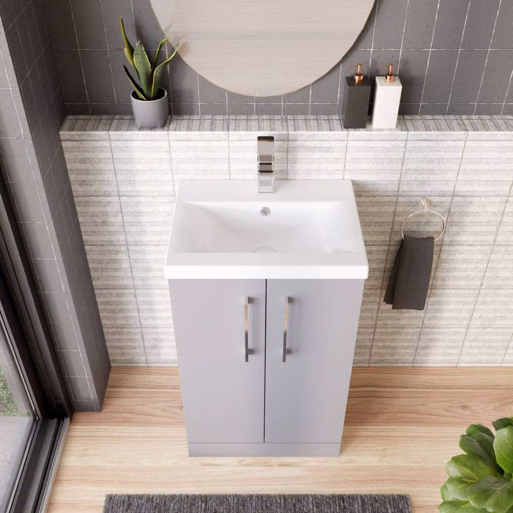 Balterley Modern Bathroom Floor Standing Vanity Unit with 2 Soft Close Doors and Rectangular Mid-Edge Basin, Satin Grey, W: 50 x D: 39 x H: 84 cm – 3