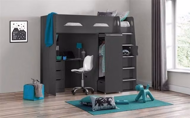 Ashfield Anthracite Space Saver High Sleeper Cabin Bed in Charcoal, Solid Pine, W/D/H: 190 x 90 x 159 cm