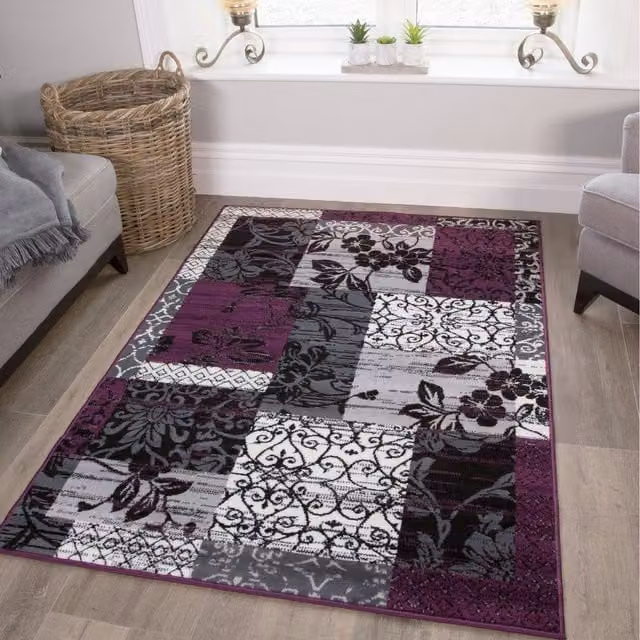 The Rug House Purple Black Grey Floral Patchwork Living Room Rug, W: 280 cm, D: 190 cm
