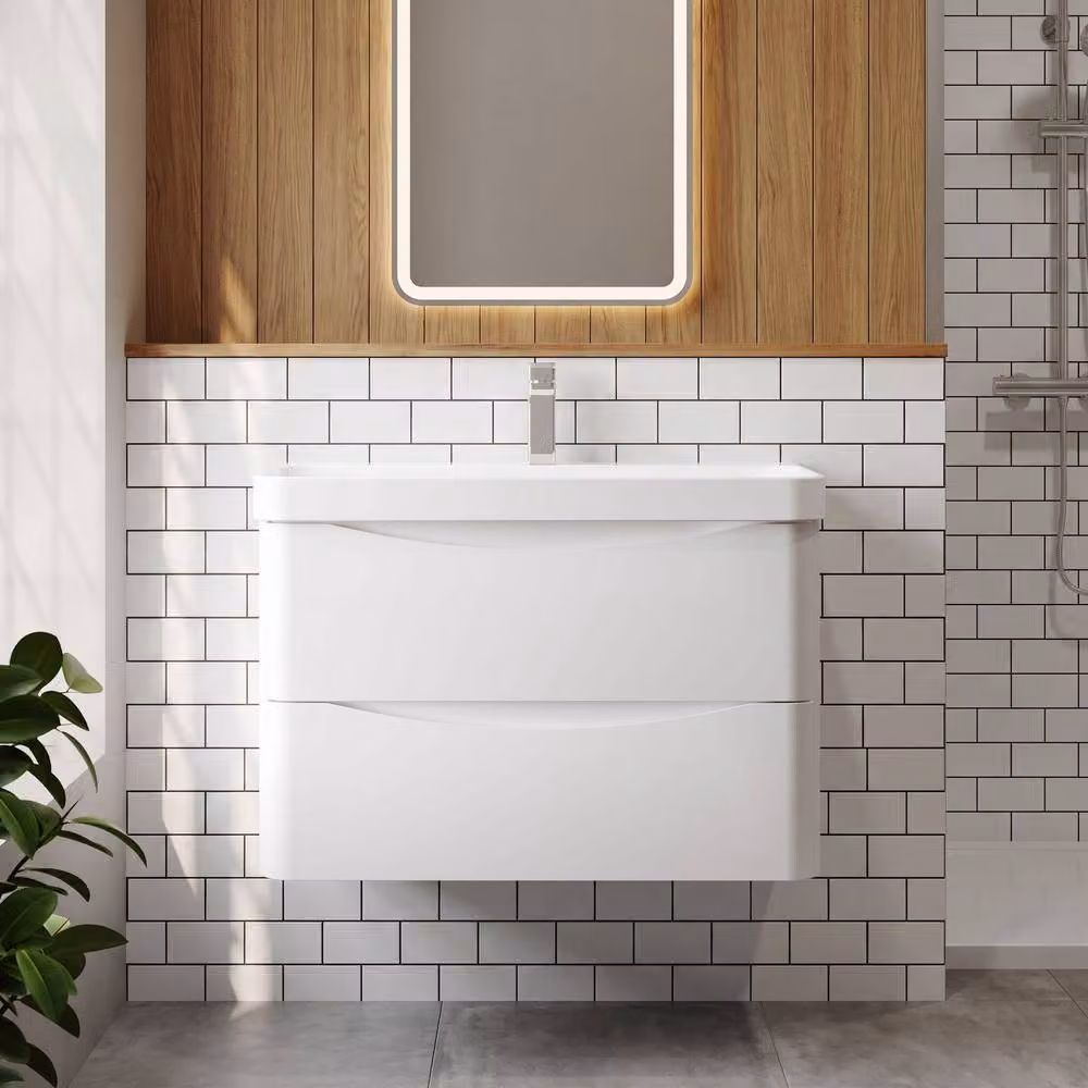 Balterley Arch Wall Hung 2 Drawer Bathroom Vanity with Ceramic Basin, White, Width: 80 cm – 2