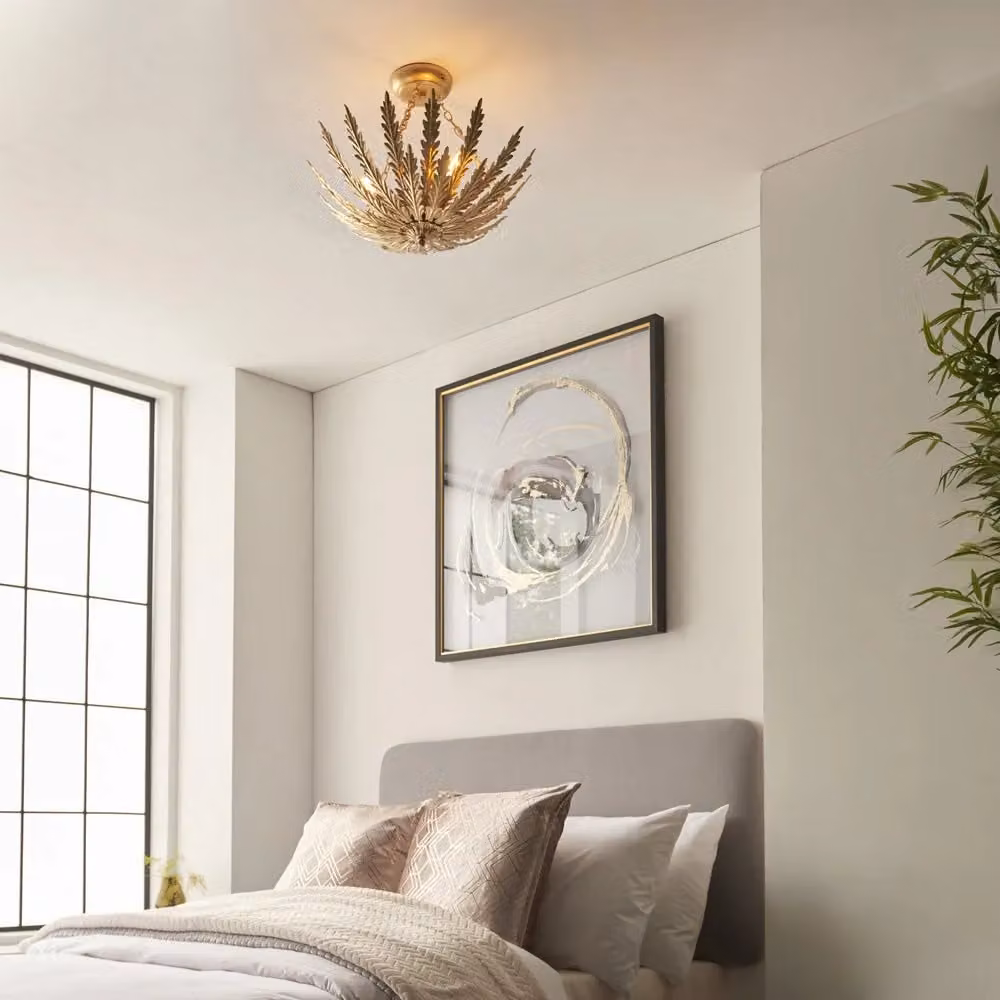 Loops Ornate Gold Flush Ceiling Light with Decorative Leaf Design, Dimmable 3-Bulb Art Nouveau Metal Pendant – 2