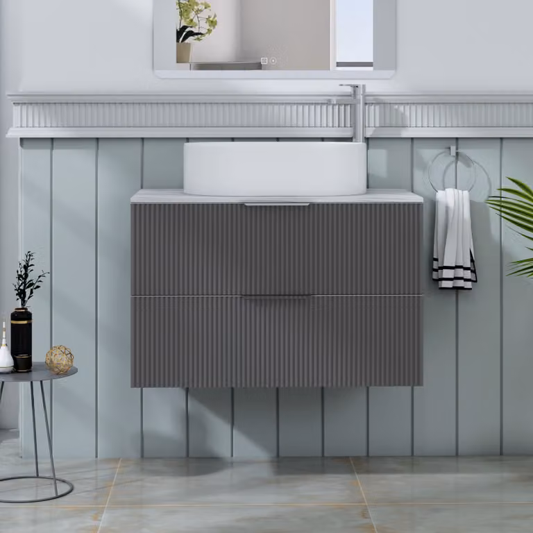 Royal Bathrooms Evora 800mm Graphite Grey Fluted Wall Hung Vanity Unit with 2 Drawers and Peak Basin