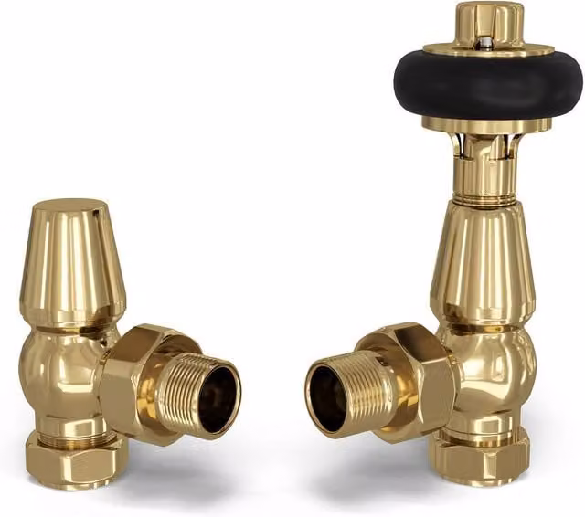 UK Radiators Signature Wooden Head Thermostatic Radiator Valve and Lockshield Angled Set in Polished Brass