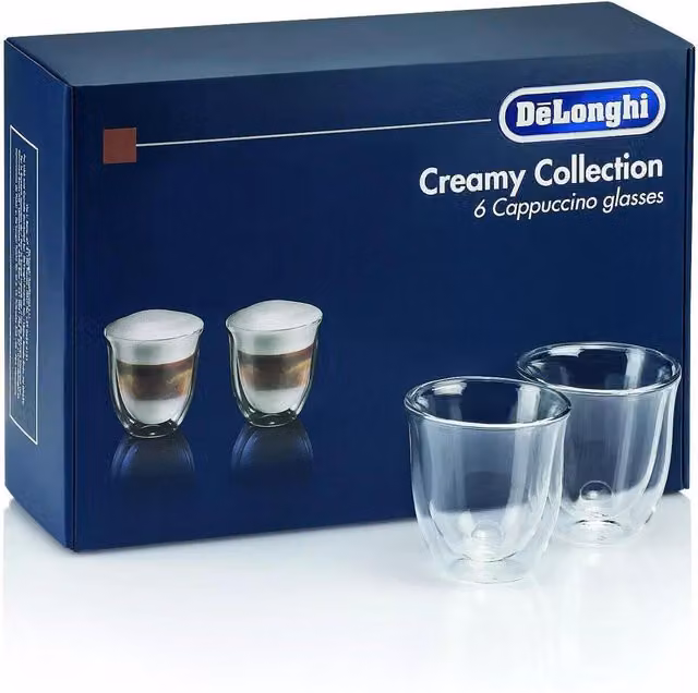 DeLonghi Pack of 6 Transparent Double Walled Cappuccino Glasses