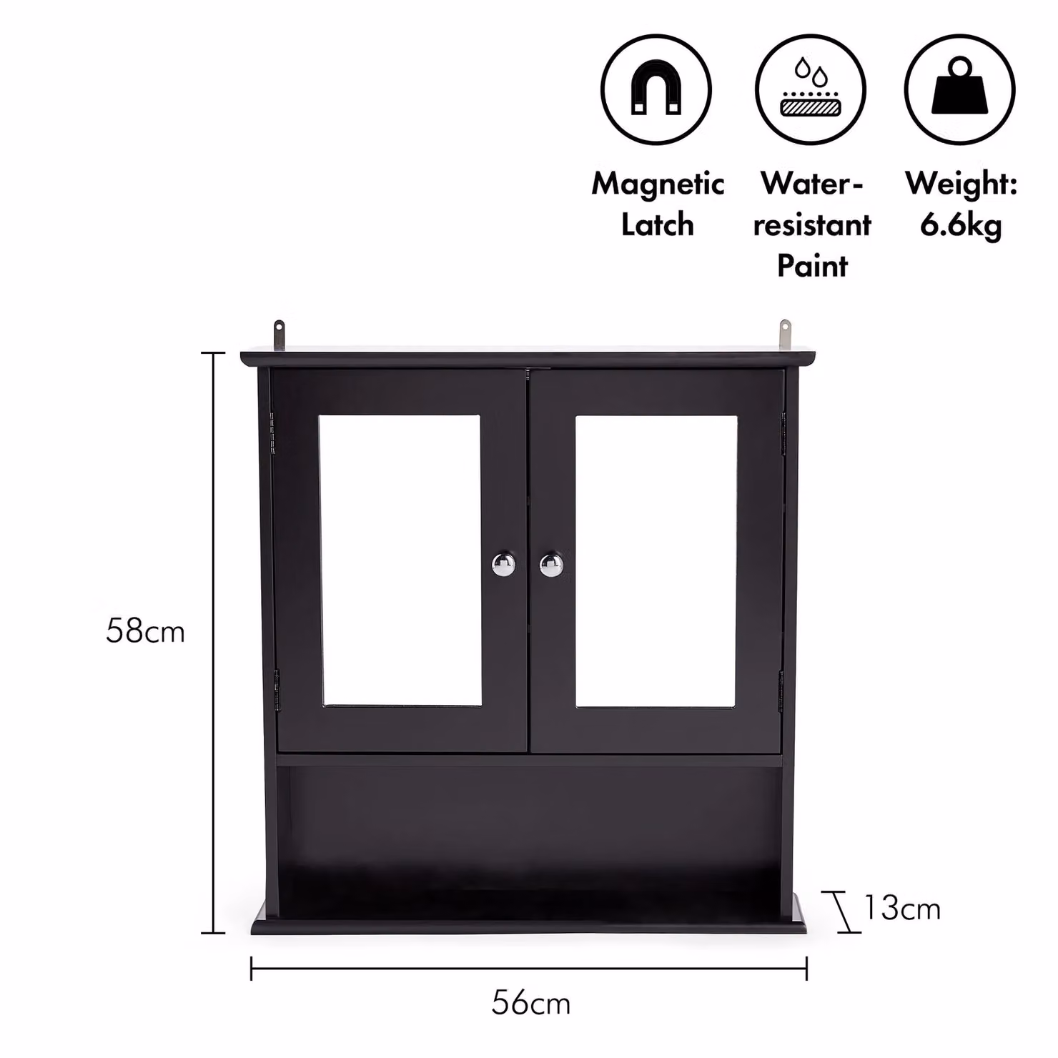 VonHaus Black 2 Door Wall Mounted Bathroom Mirror Cabinet with 3 Internal Shelves and 1 Open Shelf, H: 58 cm x W: 56 cm x D: 13 cm – 5
