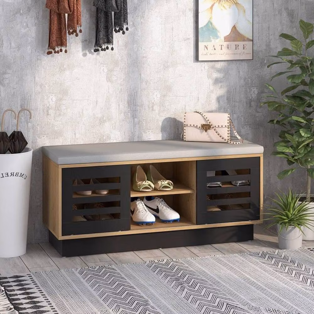 KORVIXA Grey Wooden Shoe Bench Organizer and Storage Stool – 3
