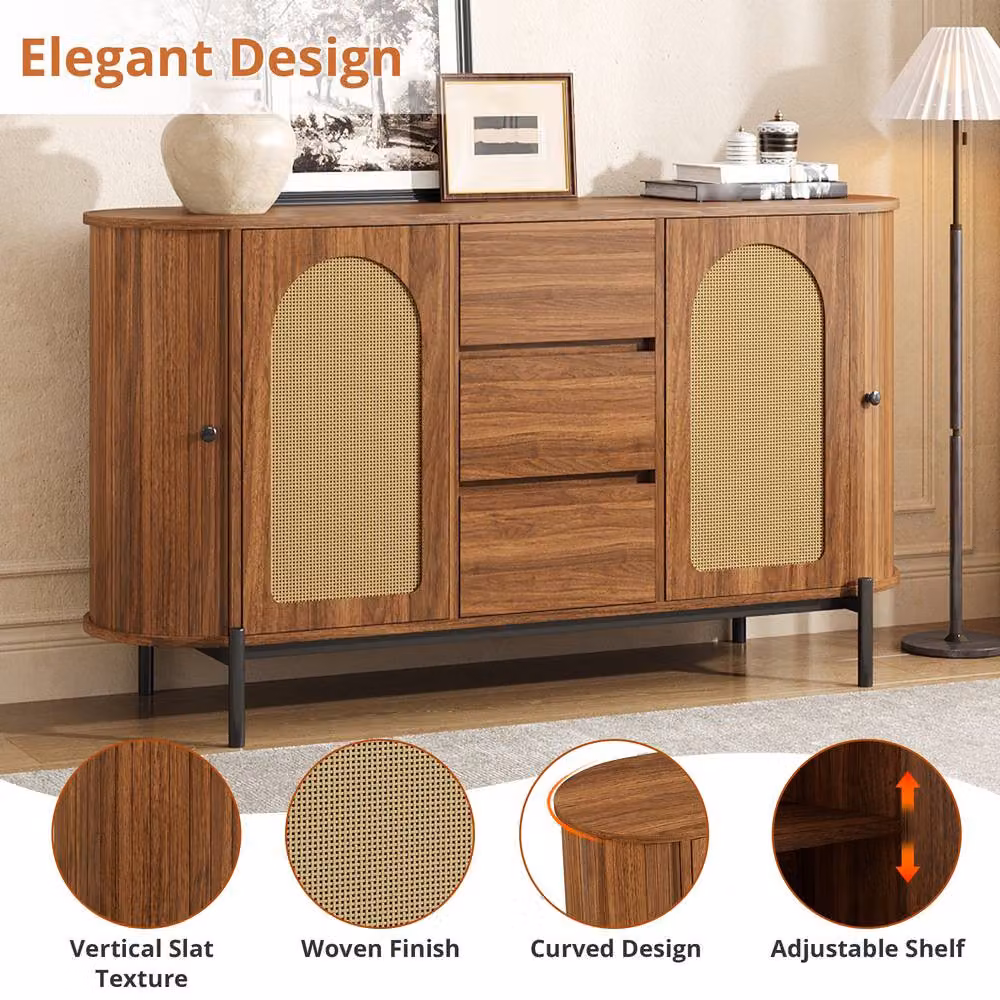 BTM Scandinavian Rattan Sideboard with Sliding Doors and Drawers in Walnut Brown – 6