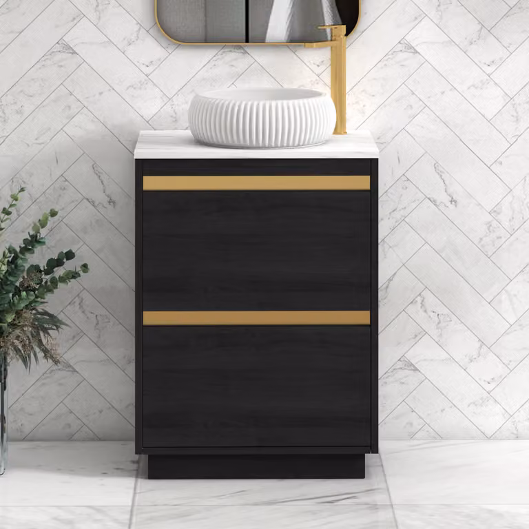 Royal Bathrooms Orion 600mm Hale Black Floor Standing Vanity Unit with Milan Basin and Carrara White Countertop, 2 Drawers and Brushed Brass Trim