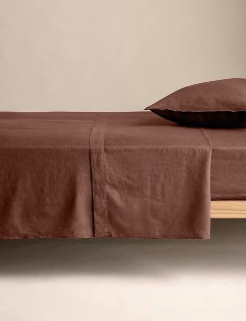 M&S Pure Linen Single Flat Sheet in Chestnut Brown