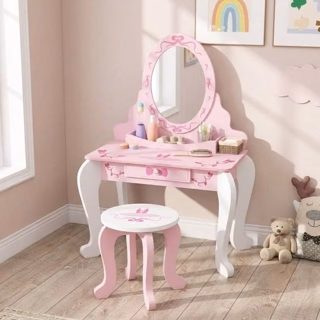 STILVORA Kids Dressing Table Set with Stool in Pink