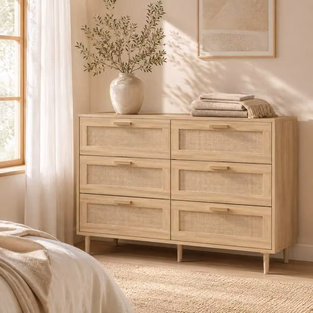STILVORA Boho Style 6-Drawer Chest of Drawers with Rattan Detail in Brown and Beige