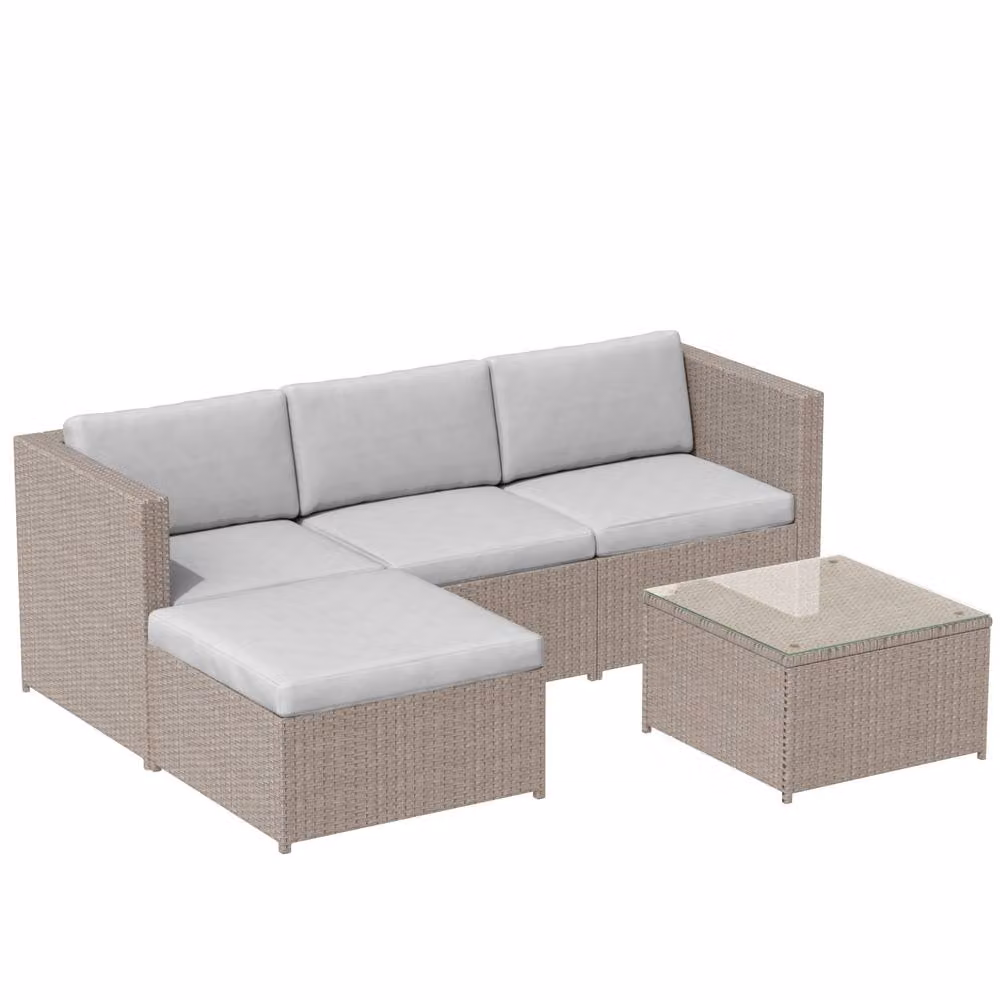 HomeTouch 3-Piece Outdoor Rattan Corner Sofa Set with Glass Top Coffee Table in Khaki – 5