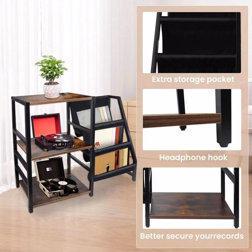 Kelvenix Mid-Century Record Player Stand with 3-Tier Vinyl Storage in Brown – 4