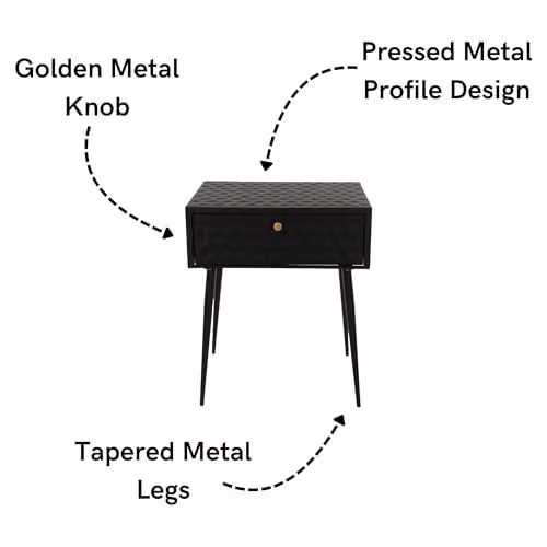 Core Products Saturn Black 1-Drawer Metal Bedside Cabinet with Mid-Century Tapered Legs – 6