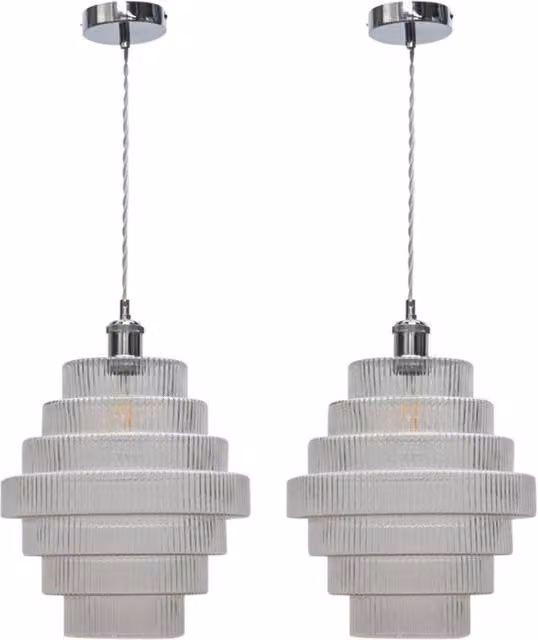 First Choice Lighting Benson Set of 2 7-Tier Glass and Chrome Ceiling Pendant Lights, Transparent/Chrome, H 110 cm x W 29.5 cm x D 29.5 cm