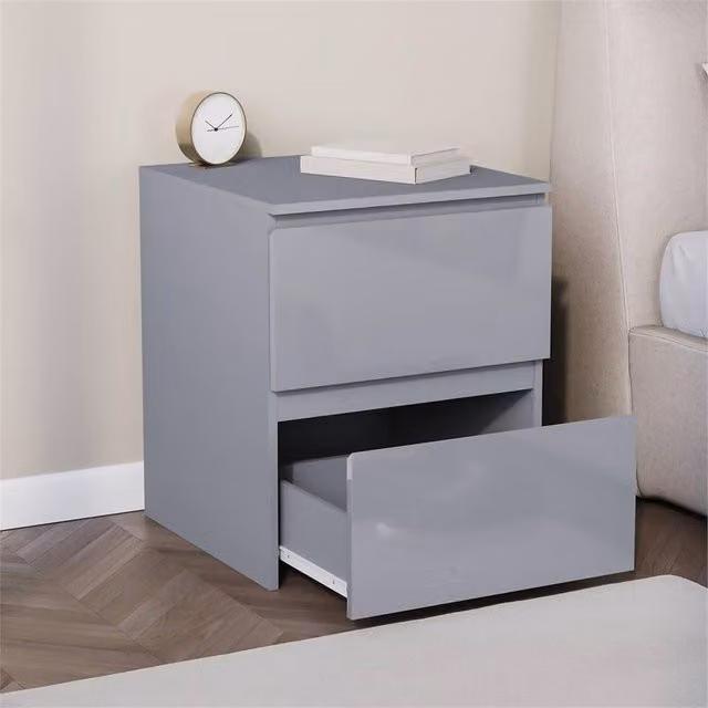 Kelvenix Grey Gloss 2 Drawer Bedside Chest Storage Cabinet – 1