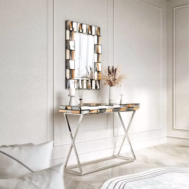 Carme Modern Rectangular Mirror and Console Set in Silver, Grey and Gold